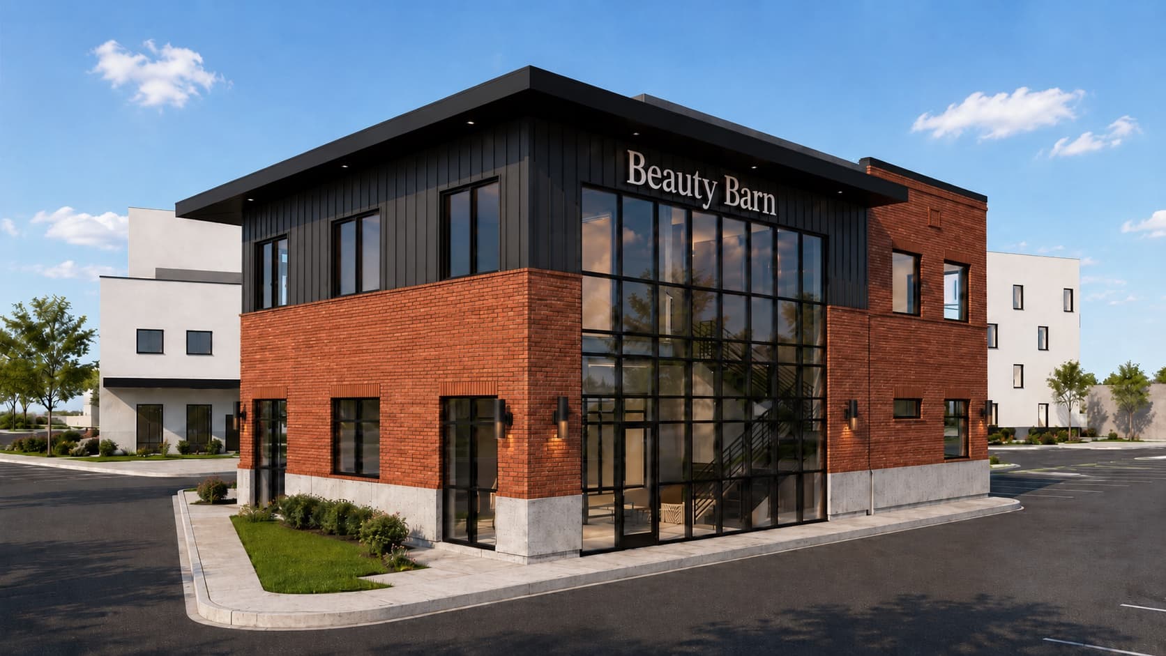 The Beauty Barn building: two-story brick exterior with black board-and-batten, a two-story glass entry, and a lit Beauty Barn sign